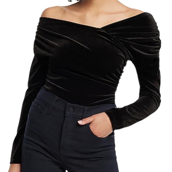 Express Tops - Express Body Contour Black Velvet Off Shoulder Asymmetrical Bodysuit, size XL